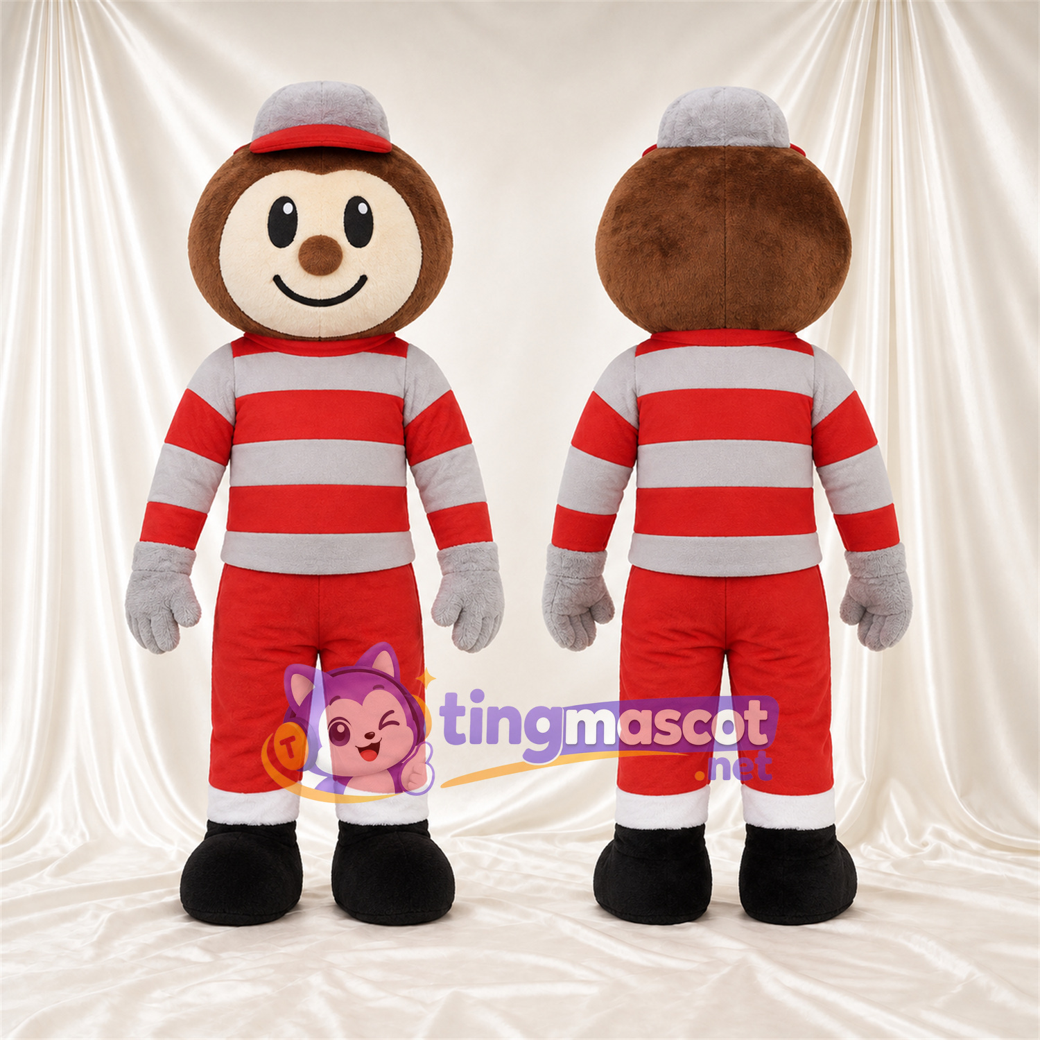 Maskottchenkostüm Comic-Junge – rot / weiß – Outfit; Kappe (grau / rot) Maskottchenkostüm Comic-Junge – rot / weiß – Outfit; Kappe (grau / rot)