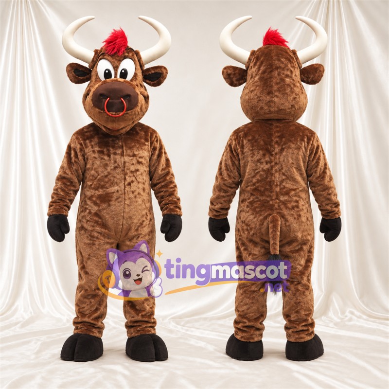 Costume de mascotte Taureau – marron – Touffe de cheveux (rouge)