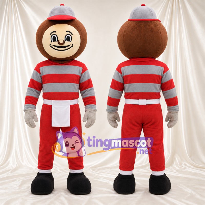 Red and Gray Cartoon Boy Mascot Costume - Striped Shirt and Red Pants, Curled Moustache and White Waist Panel