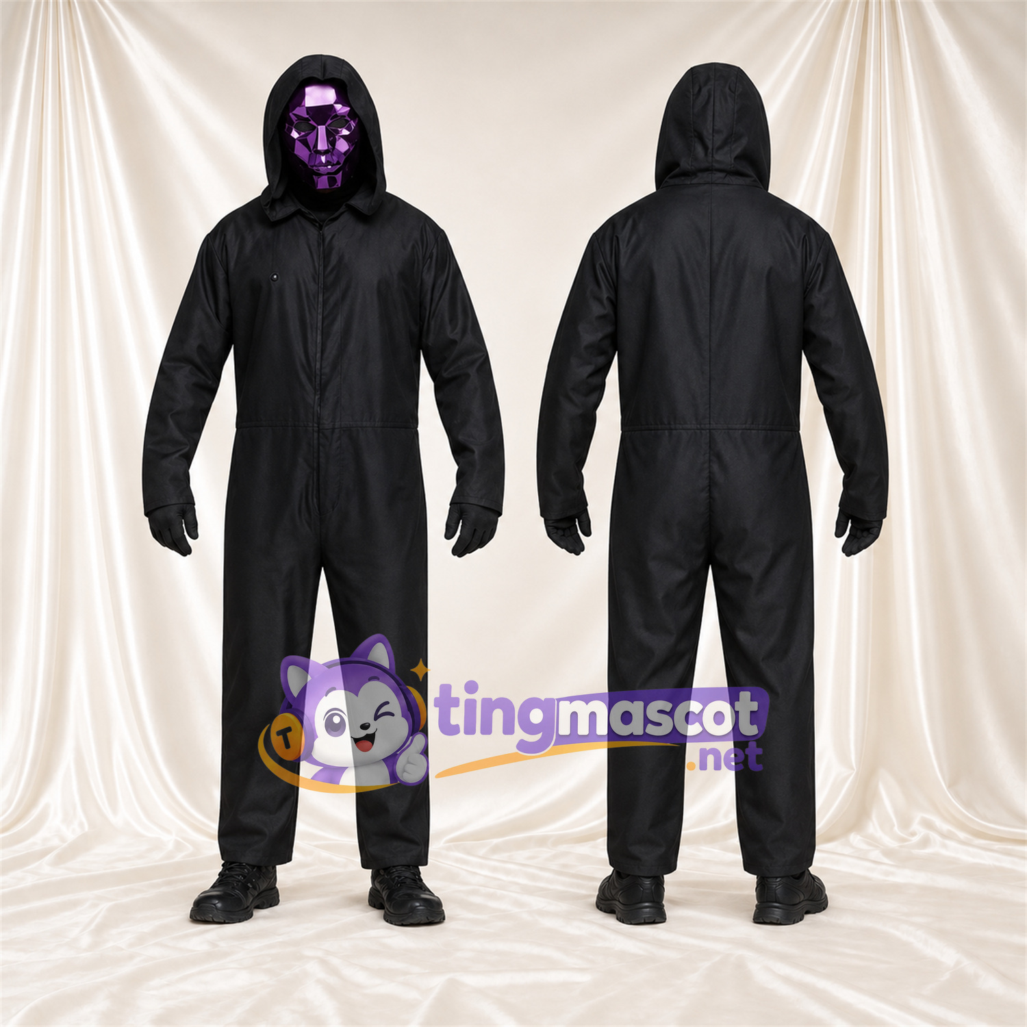 Black Ghost Mascot Costume - Purple Face Mask Black Ghost Mascot Costume - Purple Face Mask