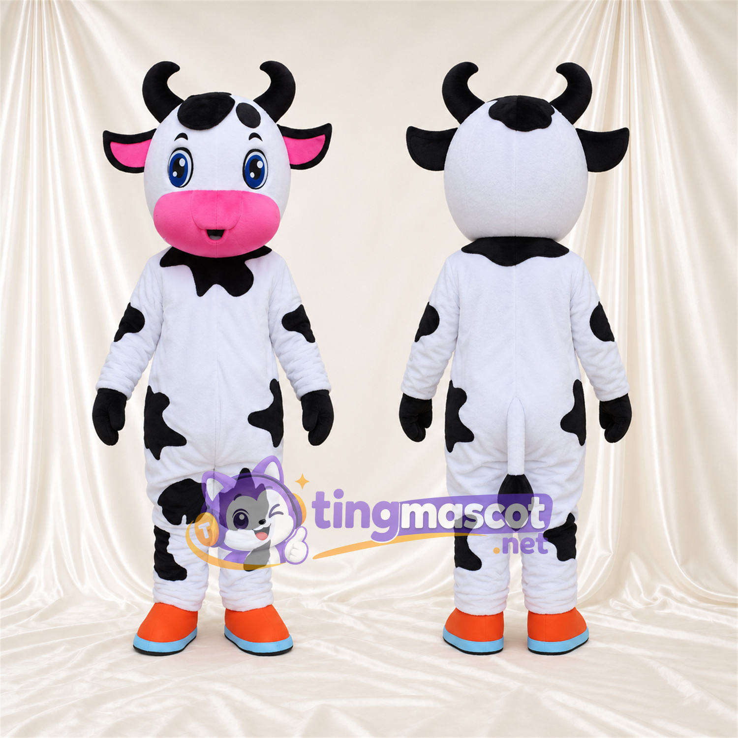 Black and White Cow Mascot Costume - Blue Eyes and Orange and Blue Shoes Black and White Cow Mascot Costume - Blue Eyes and Orange and Blue Shoes