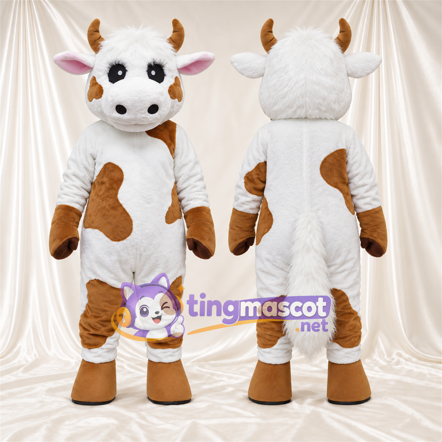 Maskottchenkostüm Kuh – braun / weiß – Hufe (braun); Gesicht (weiß) Maskottchenkostüm Kuh – braun / weiß – Hufe (braun); Gesicht (weiß)