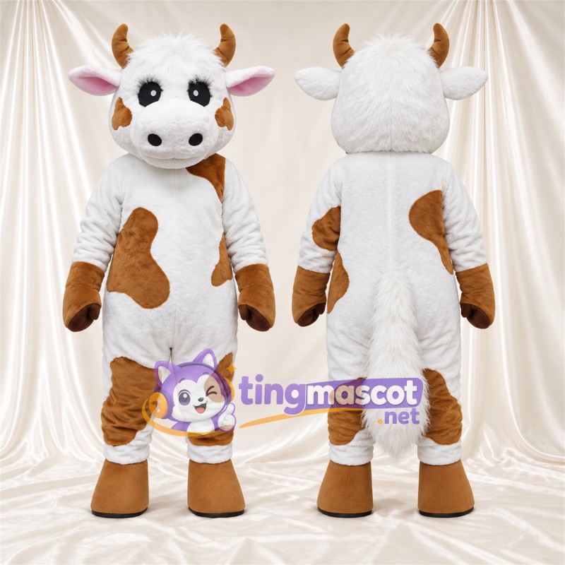 Maskottchenkostüm Kuh – braun / weiß – Hufe (braun); Gesicht (weiß)