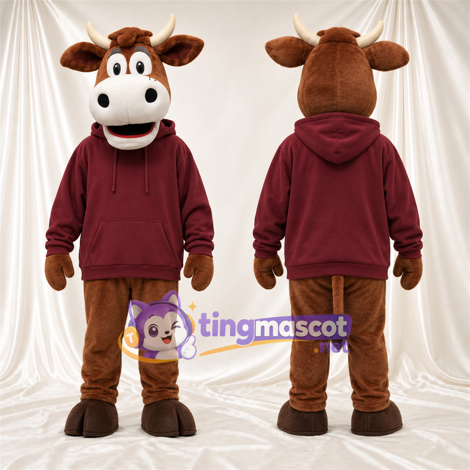 Brown Cow Mascot Costume - Burgundy Hoodie Brown Cow Mascot Costume - Burgundy Hoodie