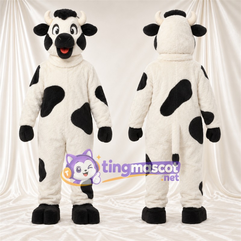 Black and White Cow Mascot Costume - Black Muzzle and Sparse Black Spots