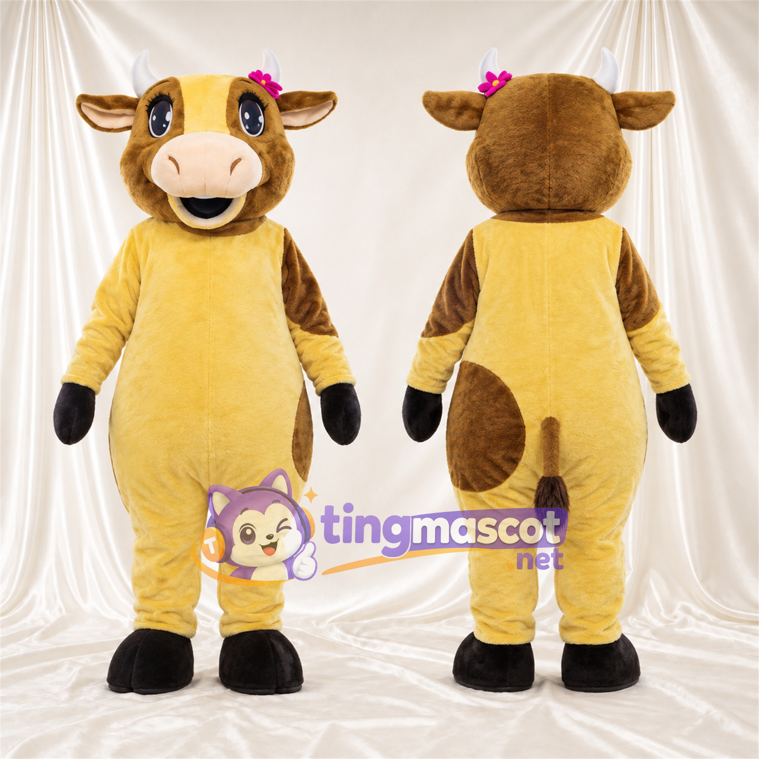 Costume de mascotte Vache – jaune – Taches (marron); Tête Costume de mascotte Vache – jaune – Taches (marron); Tête