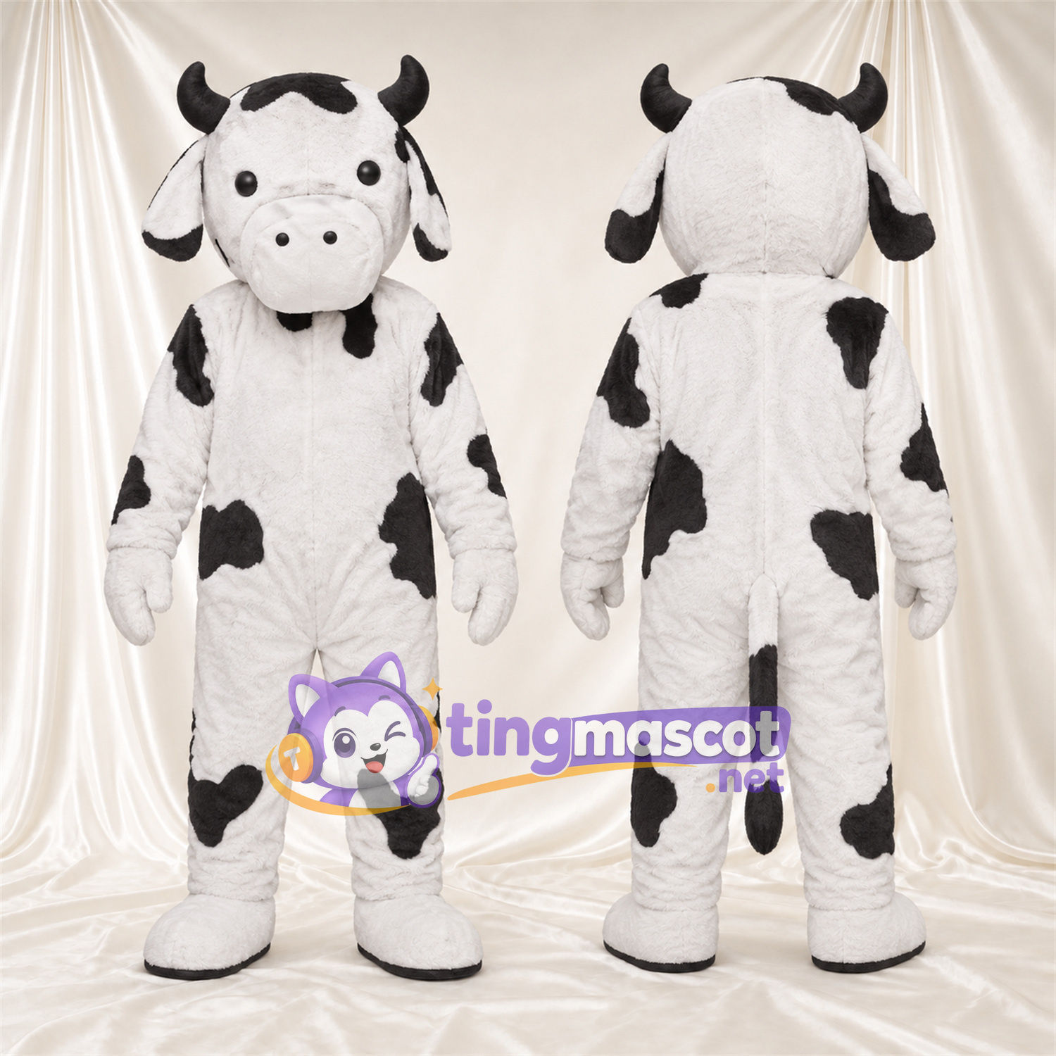 Black and White Cow Mascot Costume - Black Horns and White Muzzle Black and White Cow Mascot Costume - Black Horns and White Muzzle