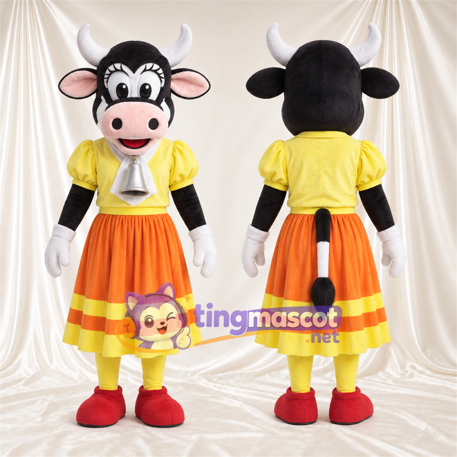 Costume de mascotte Vache – noir / blanc – Chemisier (jaune); Jupe (orange) Costume de mascotte Vache – noir / blanc – Chemisier (jaune); Jupe (orange)