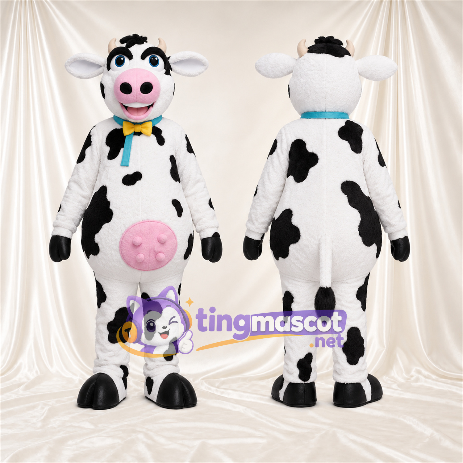 Black and White Cow Mascot Costume - Bow Tie Pink Udder Black and White Cow Mascot Costume - Bow Tie Pink Udder