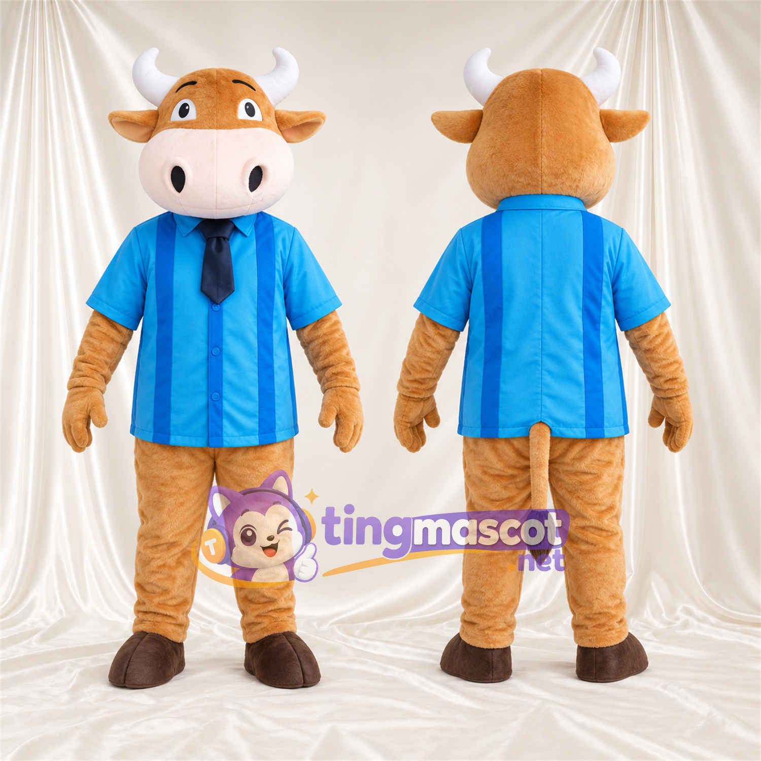 Costume de mascotte Vache – brun clair – Chemise (bleu); Cravate (noir) Costume de mascotte Vache – brun clair – Chemise (bleu); Cravate (noir)
