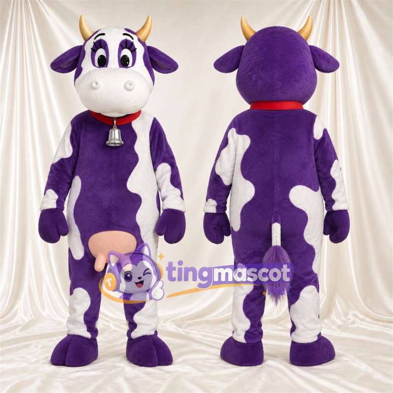 Costume de mascotte Vache – violet / blanc – Collier à clochette