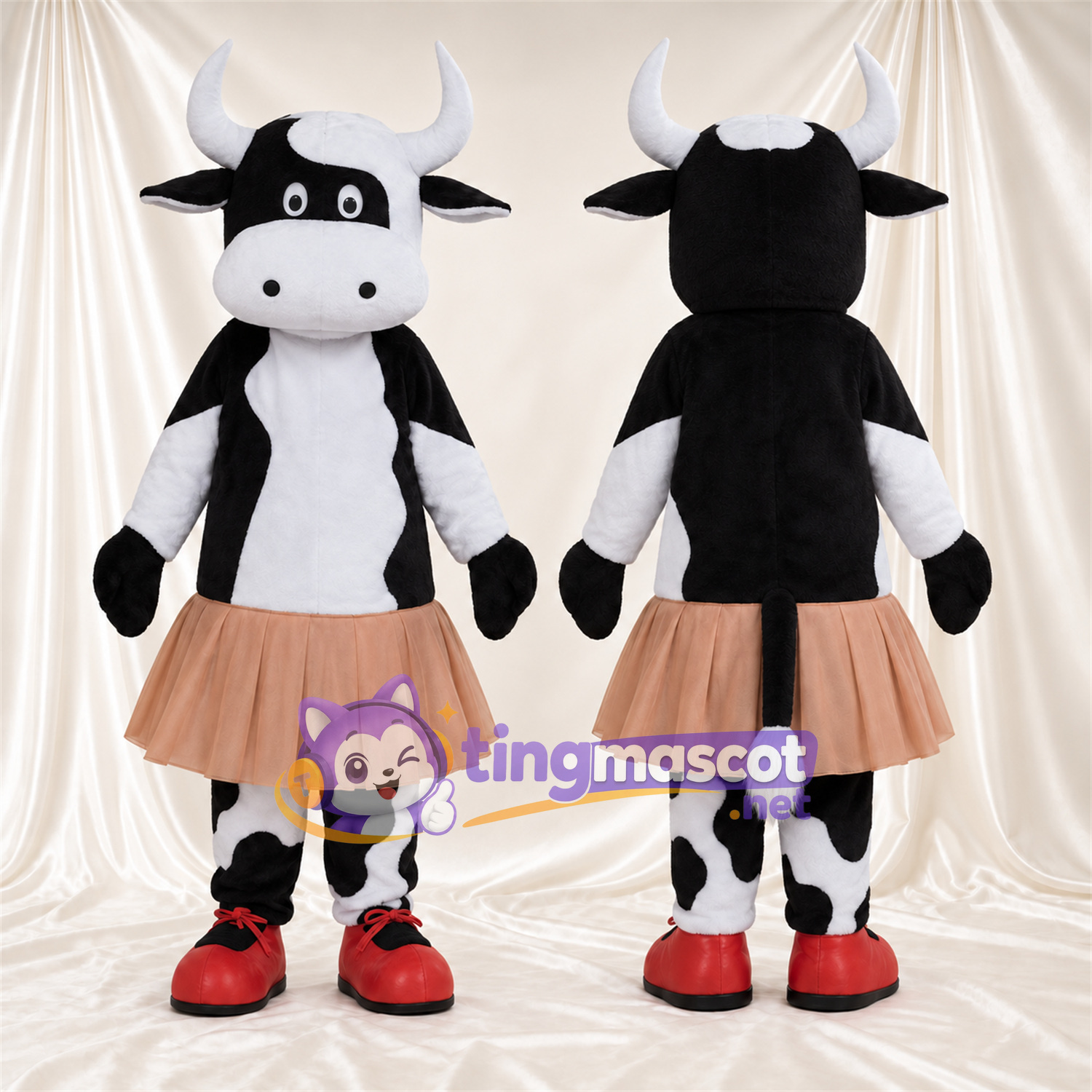 Costume de mascotte Vache – noir / blanc – Jupe (pêche) Costume de mascotte Vache – noir / blanc – Jupe (pêche)