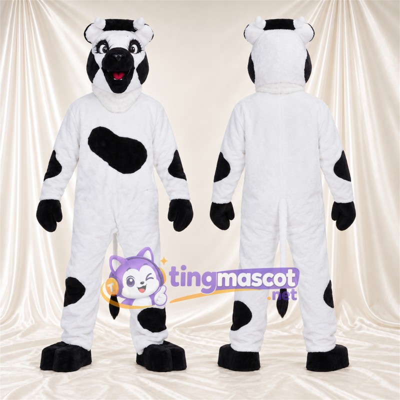 Black and White Cow Mascot Costume - Black Muzzle and Sparse Black Spots