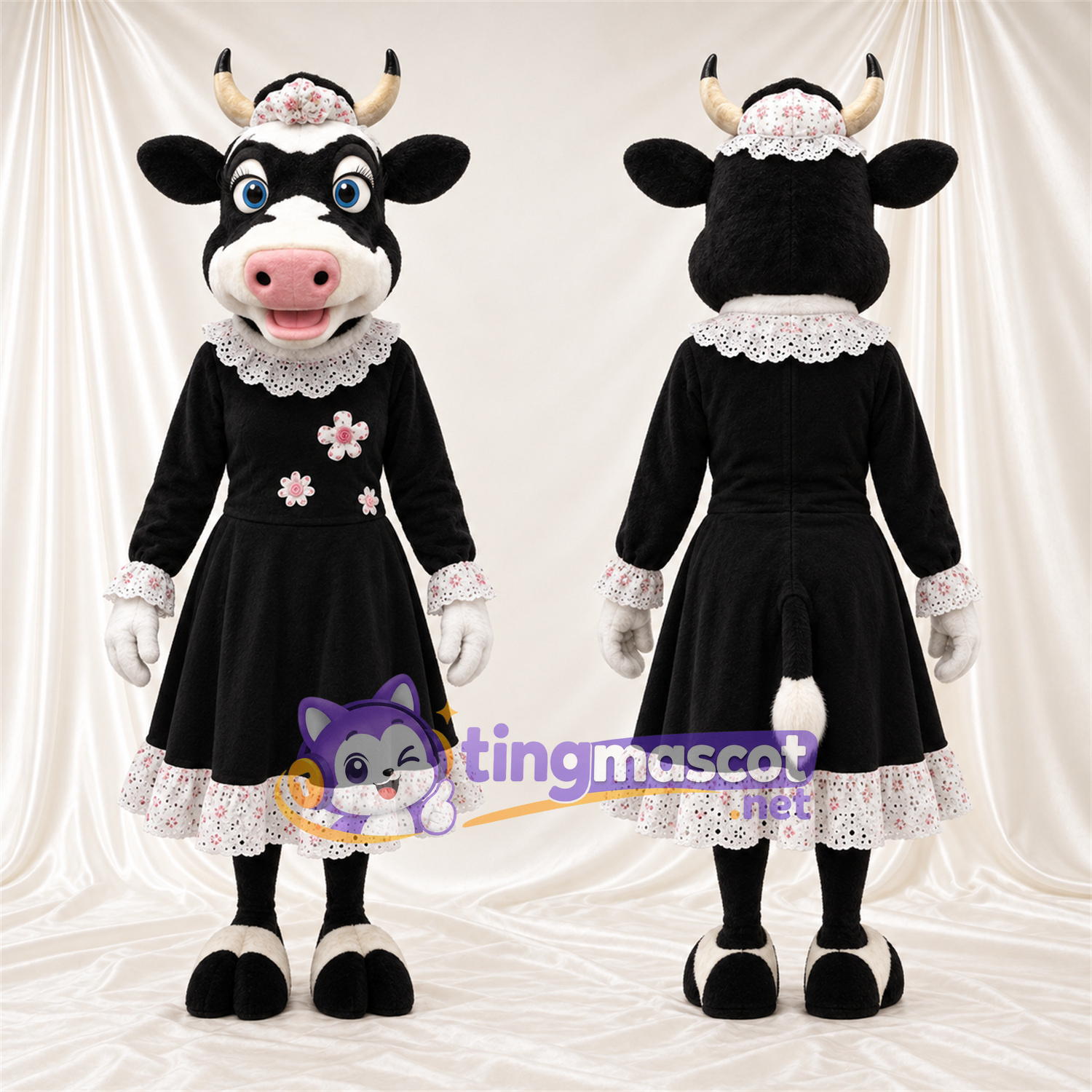 Black and White Cow Mascot Costume - Black Lace Dress Black and White Cow Mascot Costume - Black Lace Dress