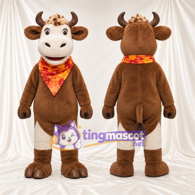 Brown Cow Mascot Costume - Orange Bandana