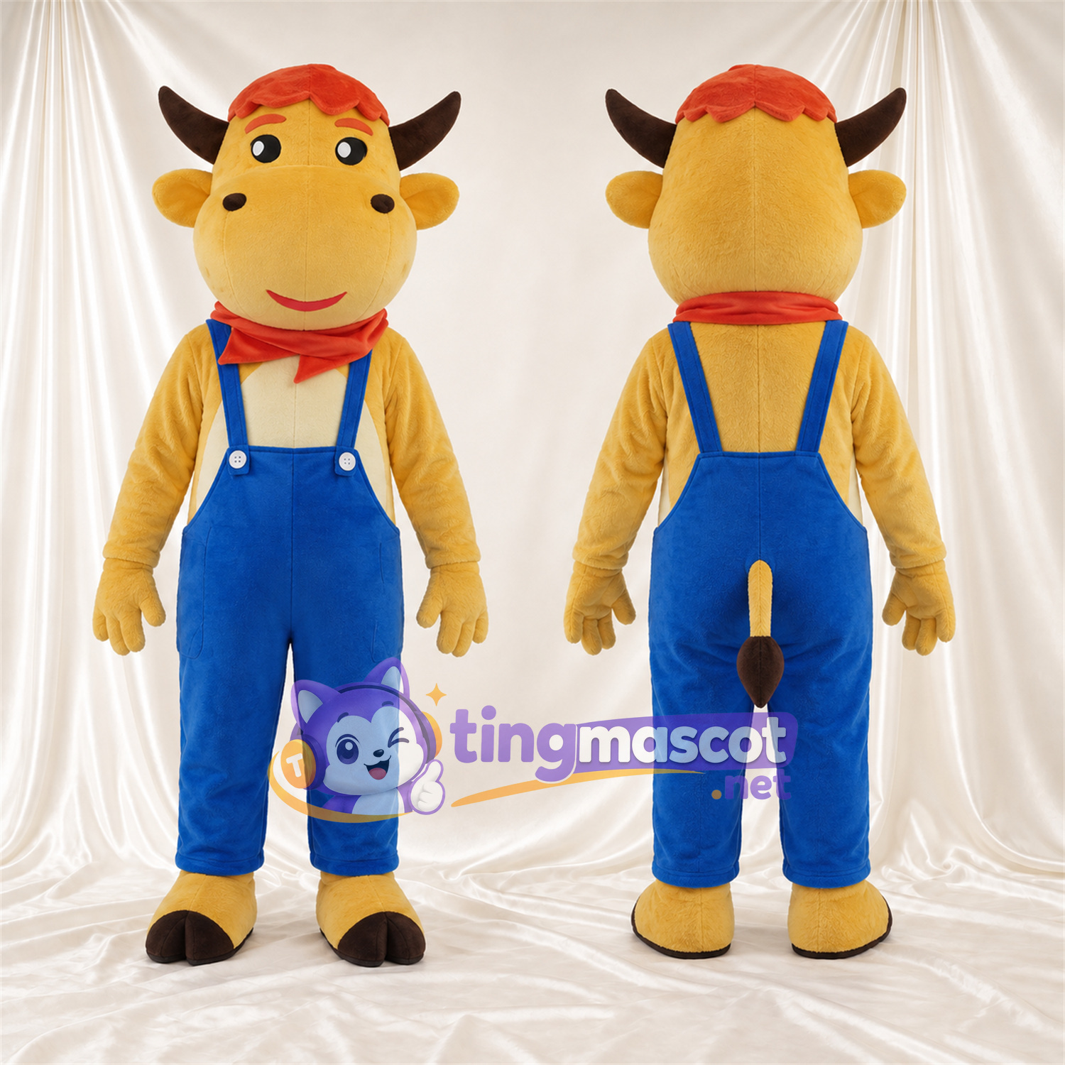 Costume de mascotte Vache – jaune – Salopette (bleu) Costume de mascotte Vache – jaune – Salopette (bleu)