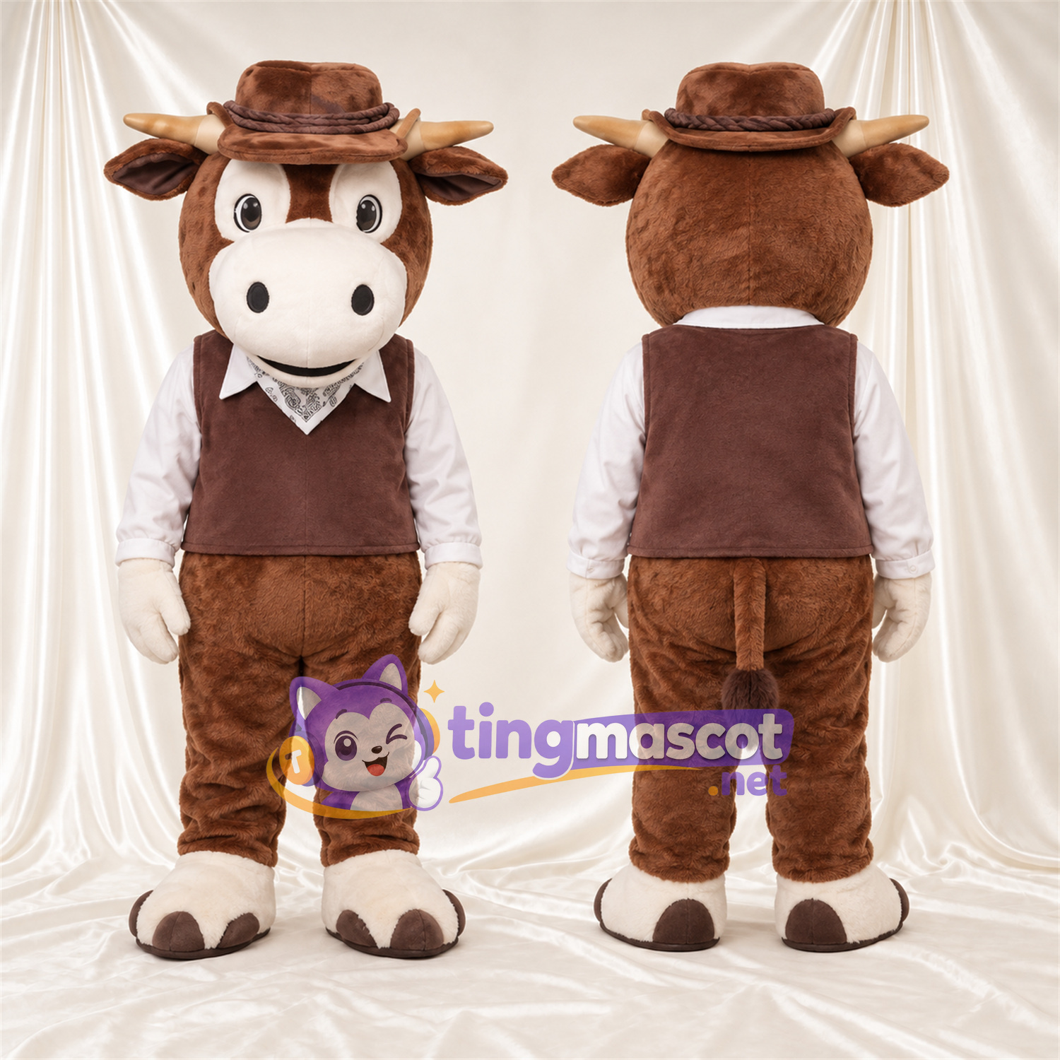 Costume de mascotte Vache – marron – Chapeau de cowboy (marron); Gilet Costume de mascotte Vache – marron – Chapeau de cowboy (marron); Gilet