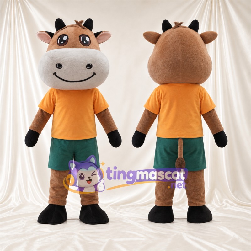 Costume de mascotte Vache – marron – Chemise (orange); Short (vert)