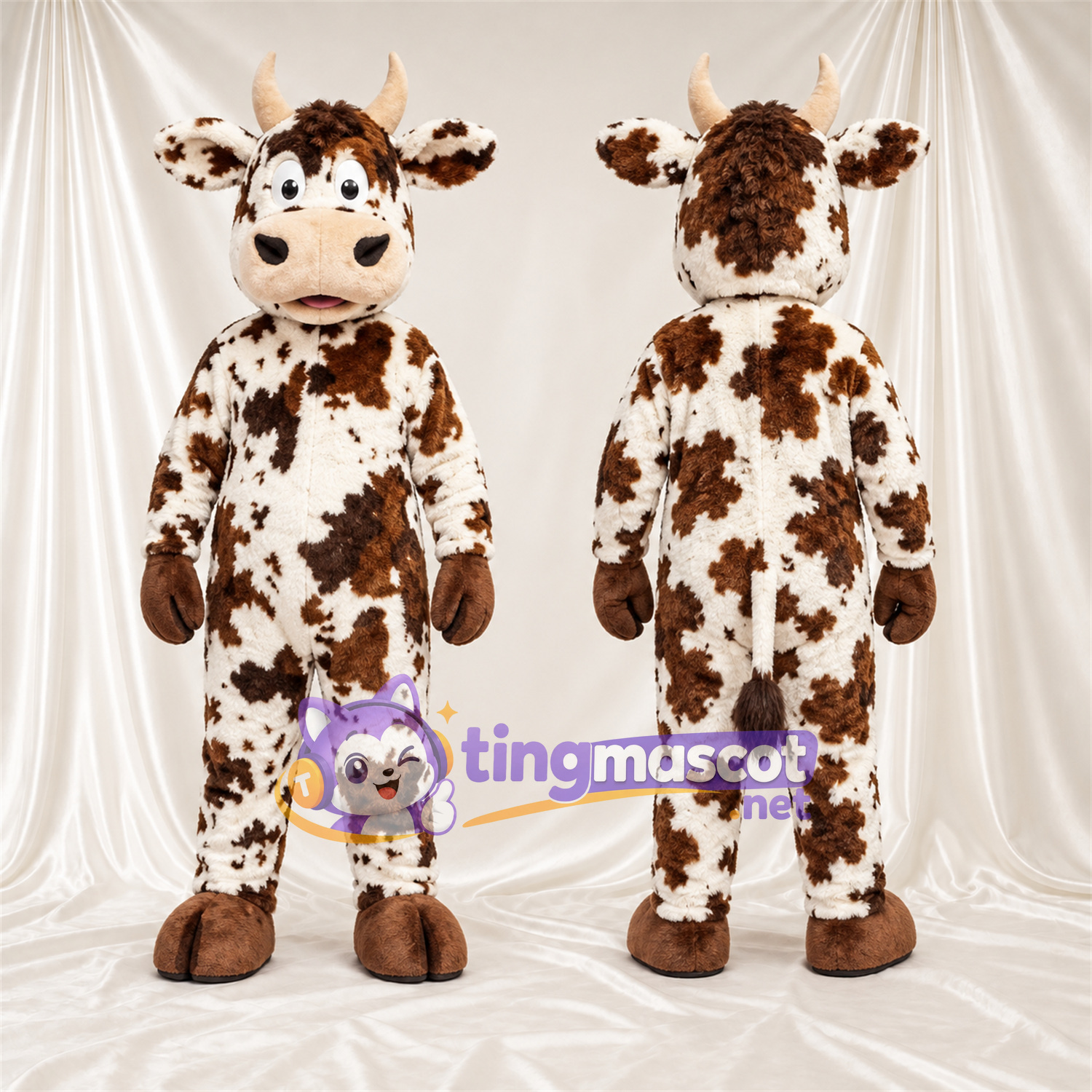 Maskottchenkostüm Kuh – braun / weiß – Hufe (braun); Kleines Fleckenmuster Maskottchenkostüm Kuh – braun / weiß – Hufe (braun); Kleines Fleckenmuster
