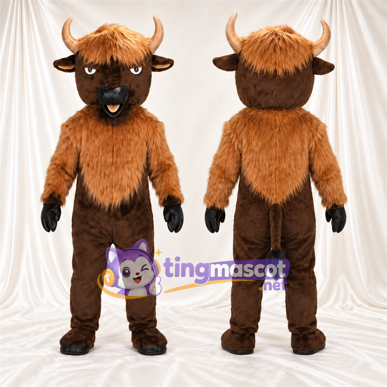 Brown Cow Mascot Costume - Blond Head Tuft and Shaggy Black Neck Ruff Brown Cow Mascot Costume - Blond Head Tuft and Shaggy Black Neck Ruff