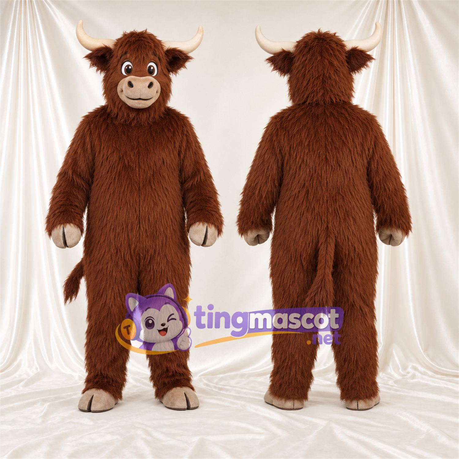 Costume de mascotte Vache – marron – Bouts des orteils (crème); Fourrure hirsute Costume de mascotte Vache – marron – Bouts des orteils (crème); Fourrure hirsute