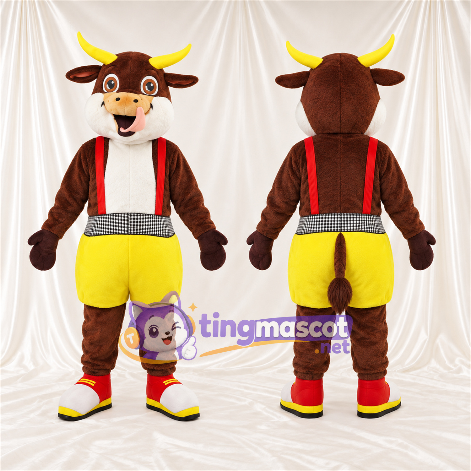 Costume de mascotte Vache – marron – Bretelles (rouge); Short (jaune) Costume de mascotte Vache – marron – Bretelles (rouge); Short (jaune)