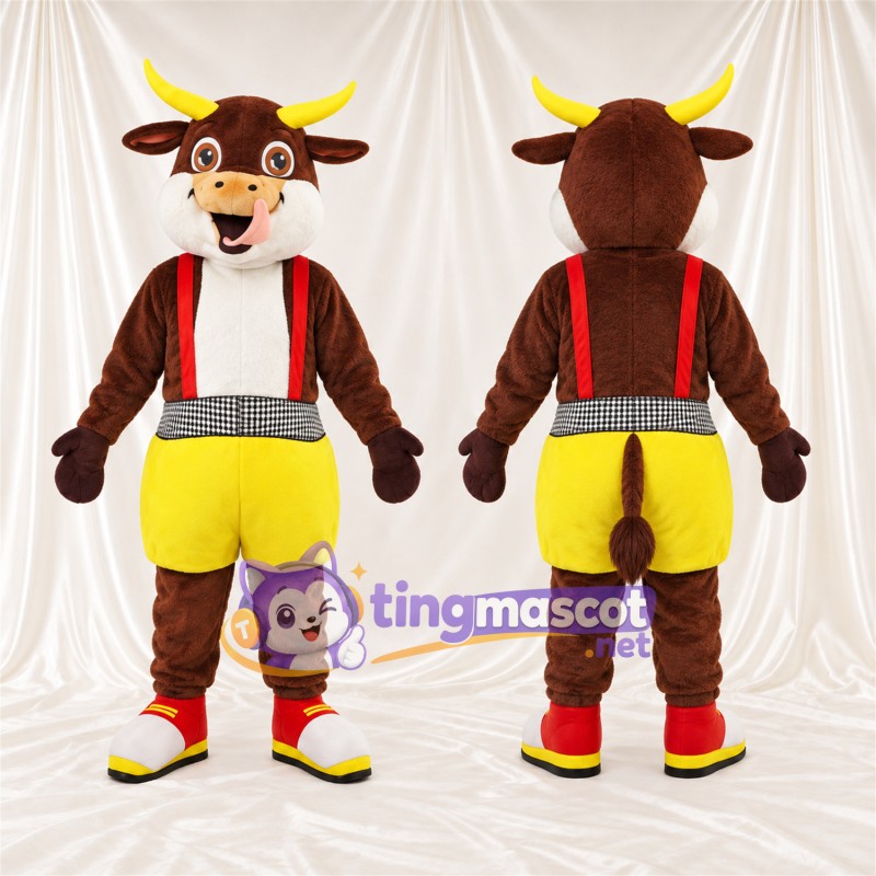 Costume de mascotte Vache – marron – Bretelles (rouge); Short (jaune)