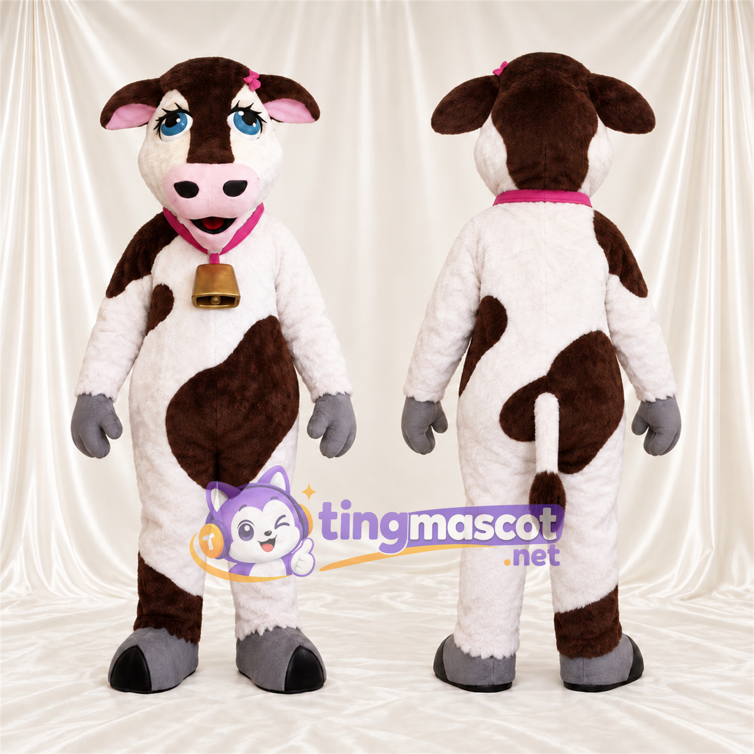 Costume de mascotte Vache – marron / blanc – Collier à clochette (rose) Costume de mascotte Vache – marron / blanc – Collier à clochette (rose)