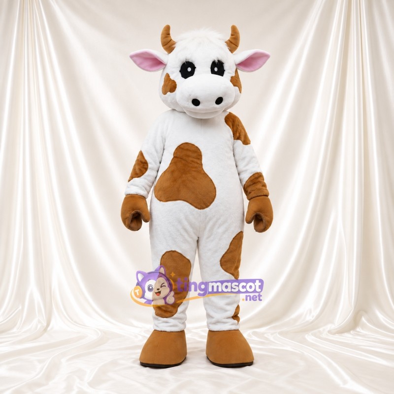 Maskottchenkostüm Kuh – braun / weiß – Hufe (braun); Großes Fleckenmuster Maskottchenkostüm Kuh – braun / weiß – Hufe (braun); Großes Fleckenmuster