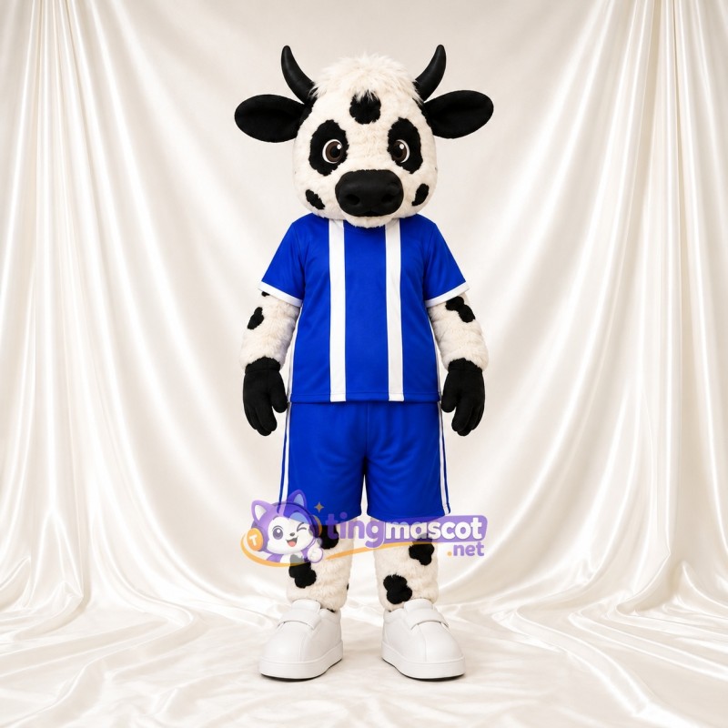 Black and White Cow Mascot Costume - Blue Sports Uniform Black and White Cow Mascot Costume - Blue Sports Uniform
