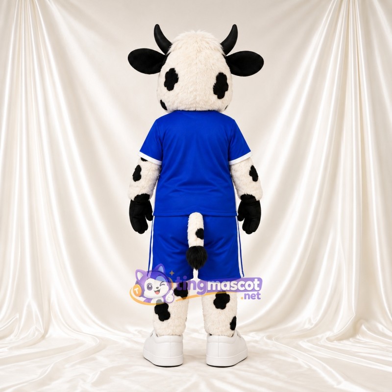 Black and White Cow Mascot Costume - Blue Sports Uniform Black and White Cow Mascot Costume - Blue Sports Uniform
