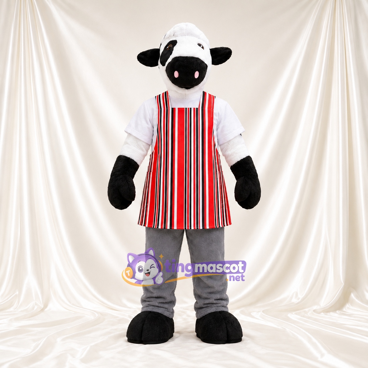 Maskottchenkostüm Kuh – schwarz / weiß – Schürze; Hose (grau) Maskottchenkostüm Kuh – schwarz / weiß – Schürze; Hose (grau)