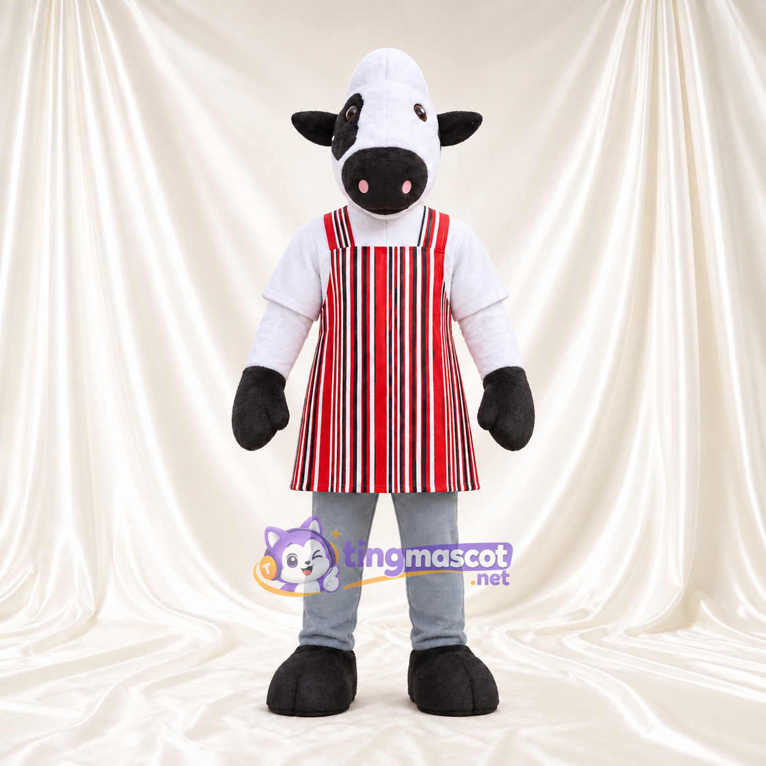 Maskottchenkostüm Kuh – schwarz / weiß – Schürze; Hose (grau) Maskottchenkostüm Kuh – schwarz / weiß – Schürze; Hose (grau)