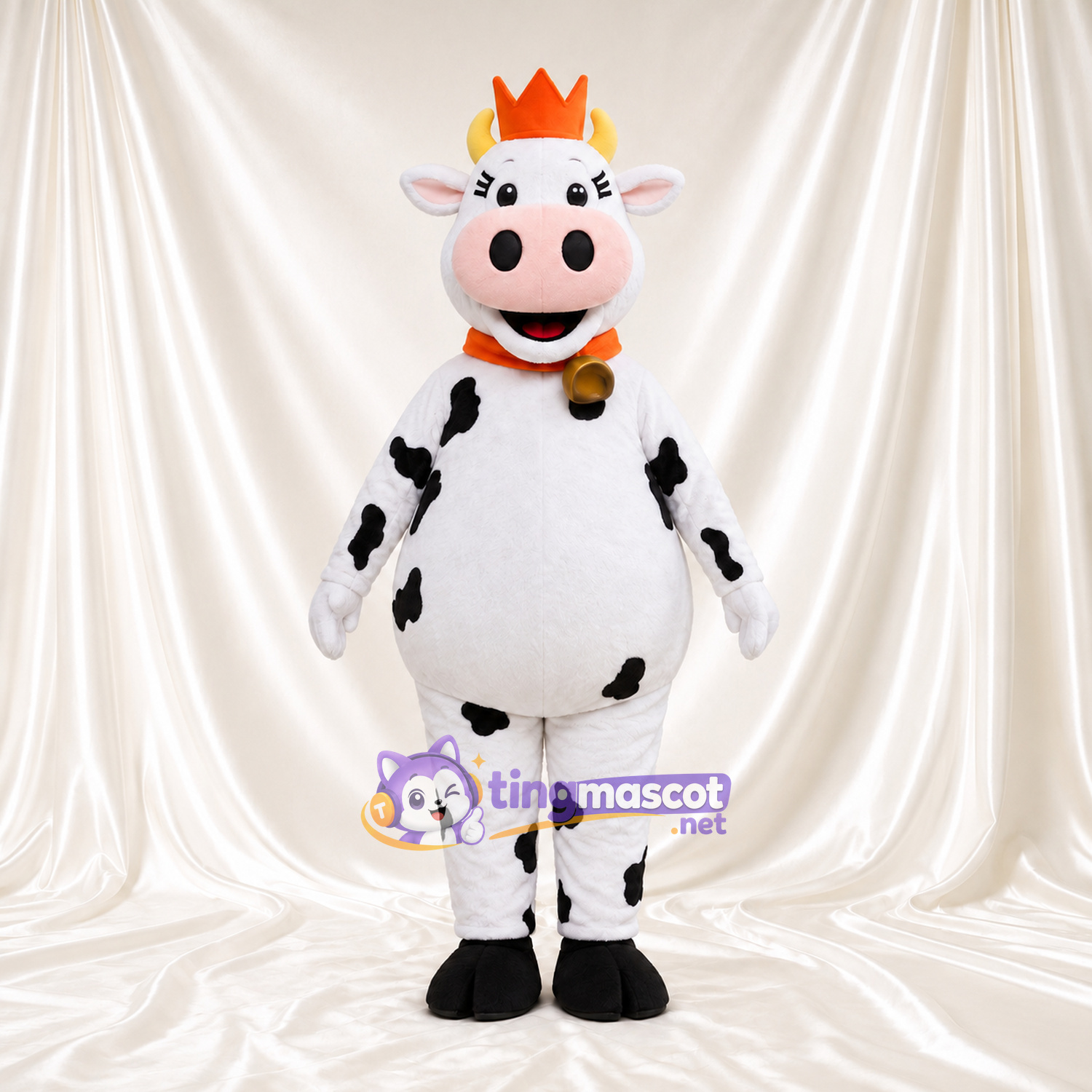 Black and White Cow Mascot Costume - Crown and Bell Collar, Round Belly and White Horns Black and White Cow Mascot Costume - Crown and Bell Collar, Round Belly and White Horns