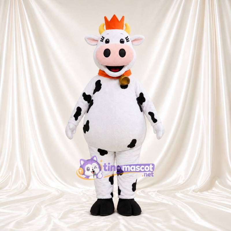 Black and White Cow Mascot Costume - Crown and Bell Collar, Round Belly and White Horns Black and White Cow Mascot Costume - Crown and Bell Collar, Round Belly and White Horns