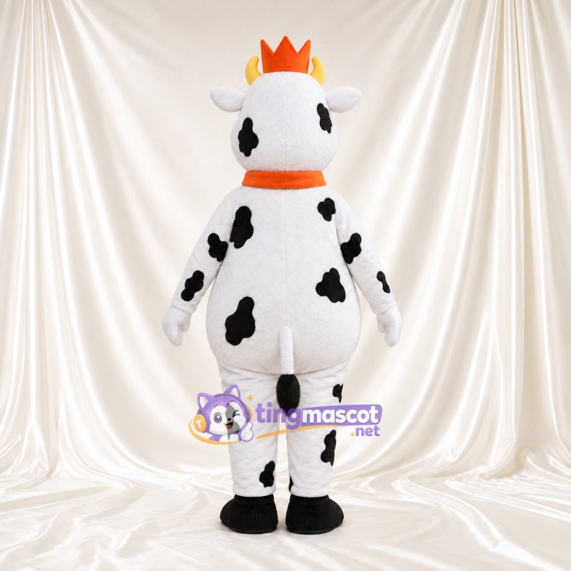 Black and White Cow Mascot Costume - Crown and Bell Collar, Round Belly and White Horns Black and White Cow Mascot Costume - Crown and Bell Collar, Round Belly and White Horns