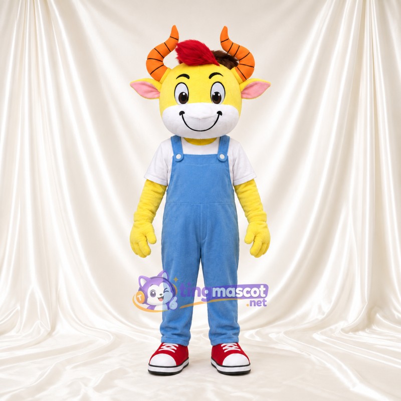 Costume de mascotte Bélier – jaune – Salopette (bleu) Costume de mascotte Bélier – jaune – Salopette (bleu)
