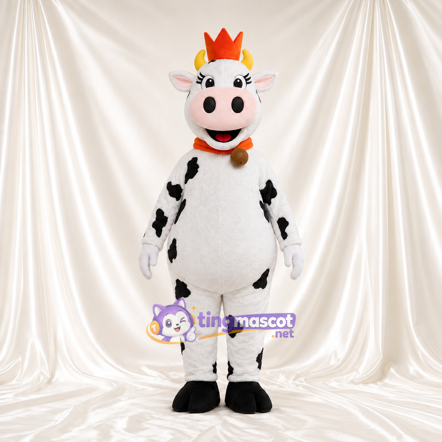 Black and White Cow Mascot Costume - Crown and Bell Collar, White Horns and Smiling Face Black and White Cow Mascot Costume - Crown and Bell Collar, White Horns and Smiling Face