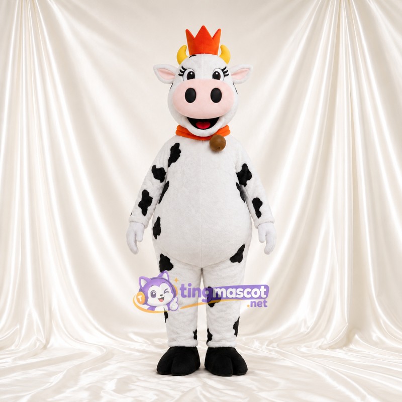 Black and White Cow Mascot Costume - Crown and Bell Collar, White Horns and Smiling Face Black and White Cow Mascot Costume - Crown and Bell Collar, White Horns and Smiling Face