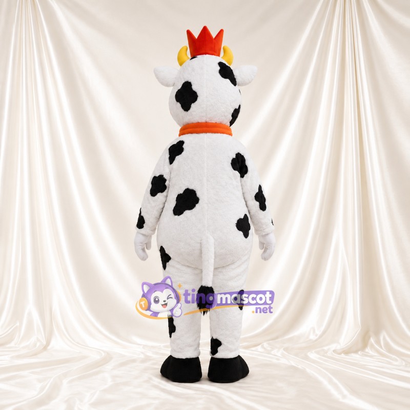 Black and White Cow Mascot Costume - Crown and Bell Collar, White Horns and Smiling Face Black and White Cow Mascot Costume - Crown and Bell Collar, White Horns and Smiling Face