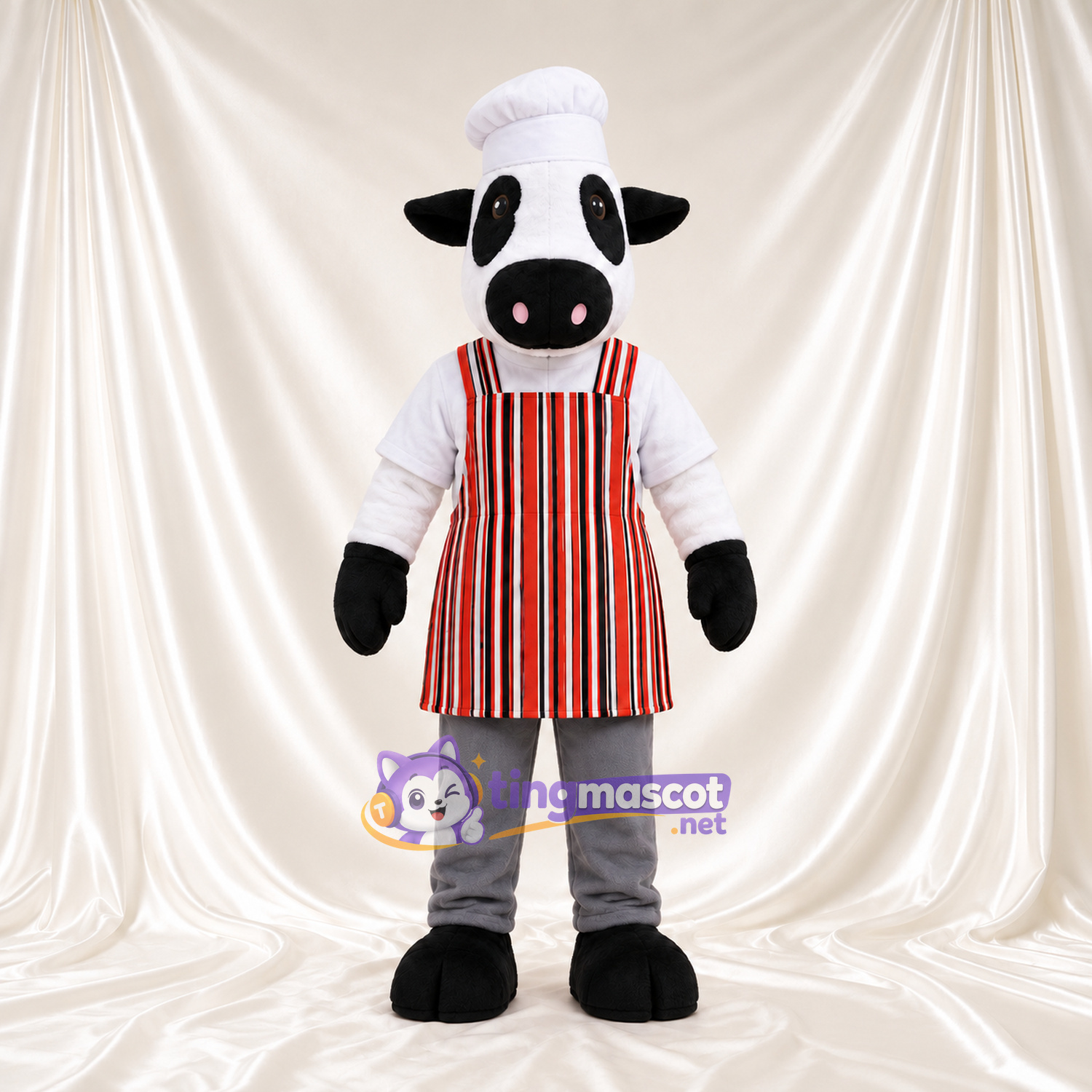 Costume de mascotte Vache – noir / blanc – Toque de chef; Tablier Costume de mascotte Vache – noir / blanc – Toque de chef; Tablier