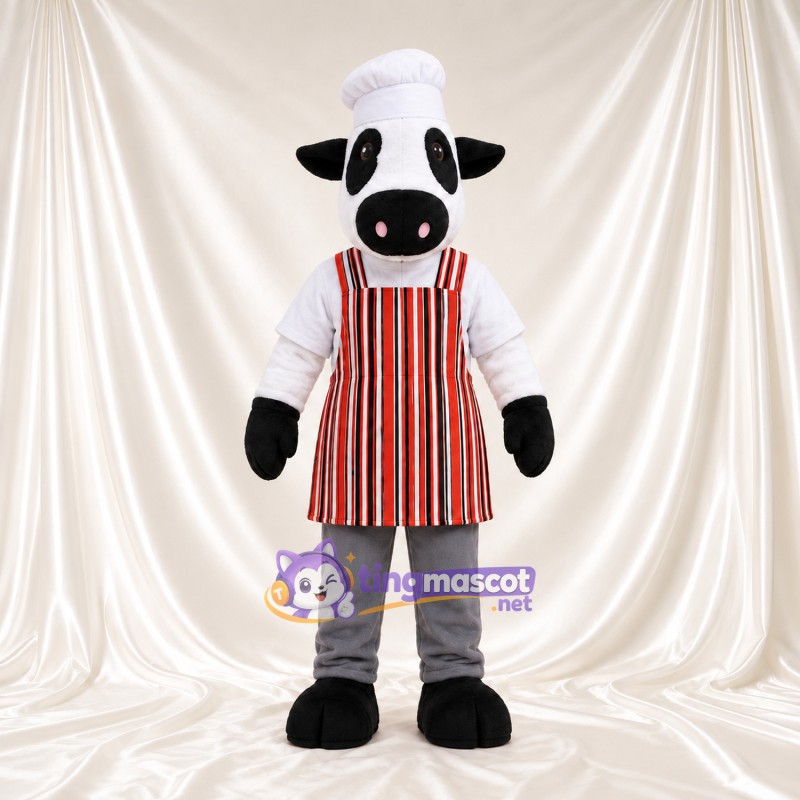Costume de mascotte Vache – noir / blanc – Toque de chef; Tablier Costume de mascotte Vache – noir / blanc – Toque de chef; Tablier
