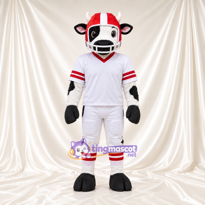 Black and White Cow Mascot Costume - White Football Uniform and Red Helmet, Pink Inner Ears and Black Hooves Black and White Cow Mascot Costume - White Football Uniform and Red Helmet, Pink Inner Ears and Black Hooves