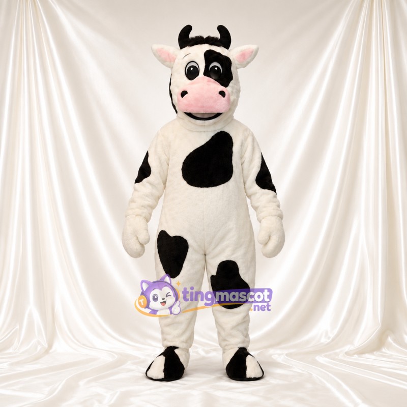 Black and White Cow Mascot Costume - Black Horns and Black Eye Patch Black and White Cow Mascot Costume - Black Horns and Black Eye Patch