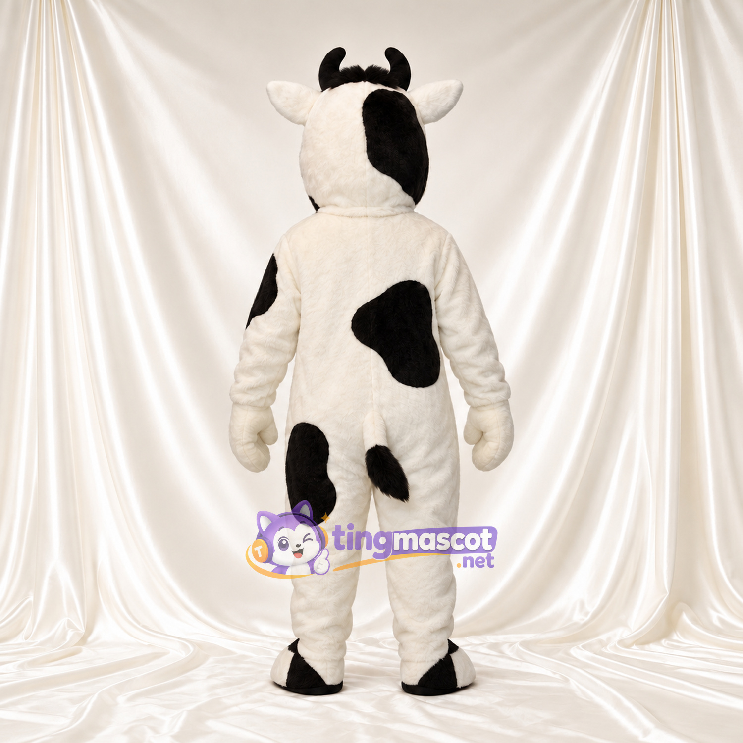 Black and White Cow Mascot Costume - Black Horns and Black Eye Patch Black and White Cow Mascot Costume - Black Horns and Black Eye Patch