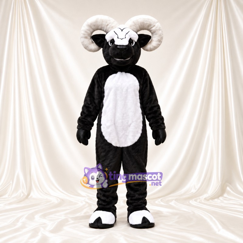 Black and White Ram Mascot Costume - White Belly and Curled White Horns Black and White Ram Mascot Costume - White Belly and Curled White Horns