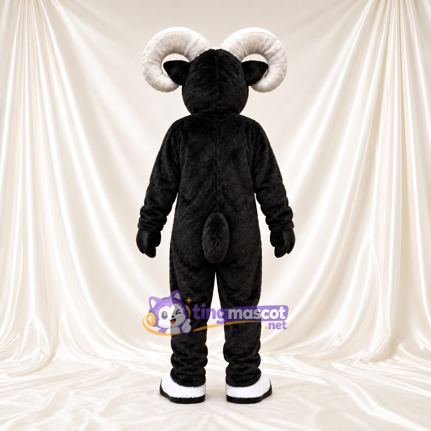 Black and White Ram Mascot Costume - White Belly and Curled White Horns Black and White Ram Mascot Costume - White Belly and Curled White Horns