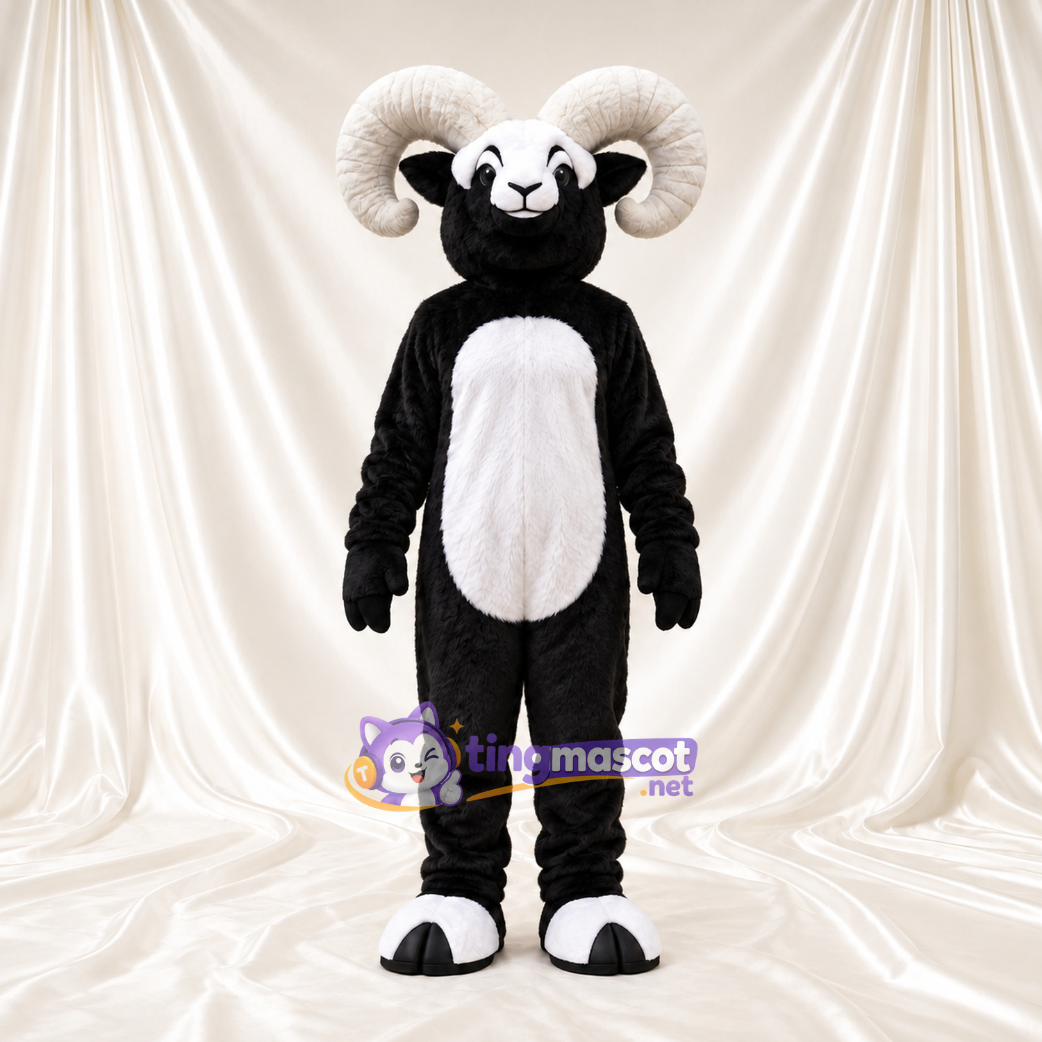 Black and White Ram Mascot Costume - White Belly and Curled White Horns Black and White Ram Mascot Costume - White Belly and Curled White Horns
