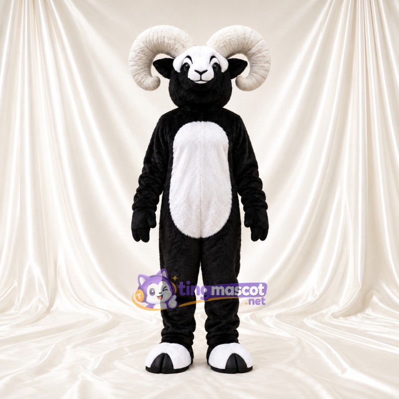 Black and White Ram Mascot Costume - White Belly and Curled White Horns Black and White Ram Mascot Costume - White Belly and Curled White Horns