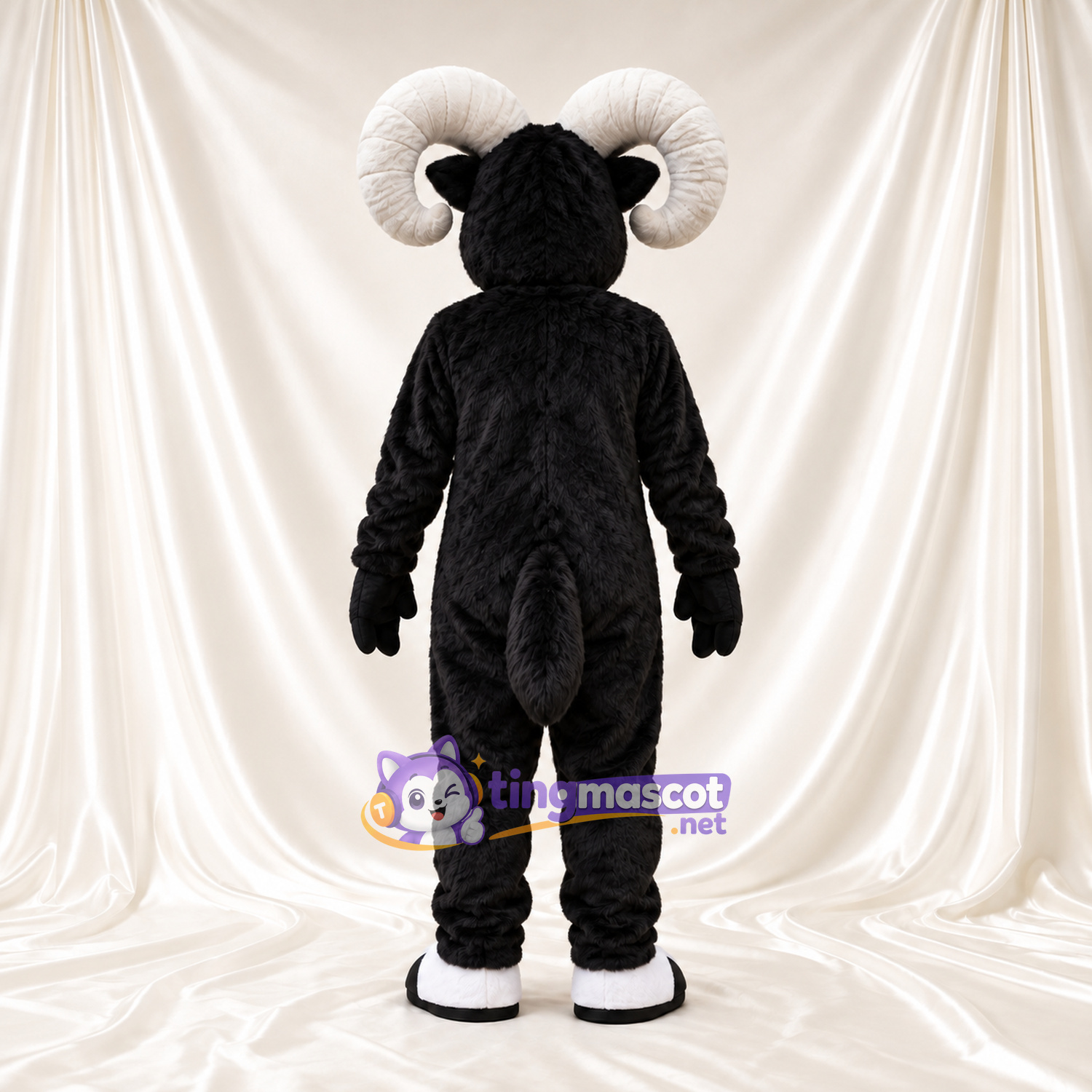 Black and White Ram Mascot Costume - White Belly and Curled White Horns Black and White Ram Mascot Costume - White Belly and Curled White Horns